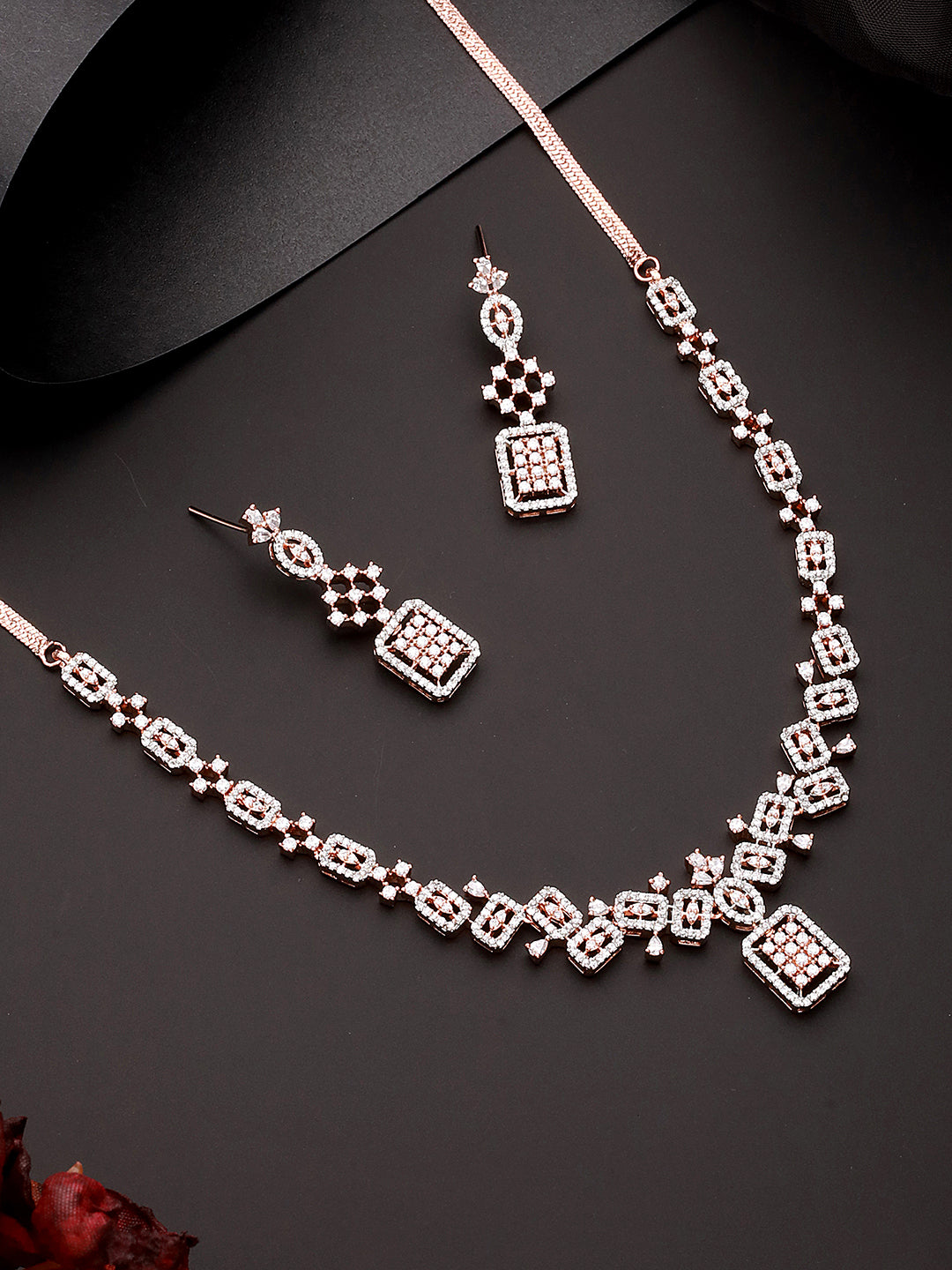 Rose Gold Toned AD Studded Geometric Pattern Minimal Pendant jewellery Set